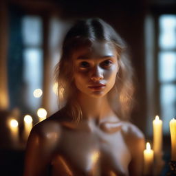 Create an image of an 18-year-old Russian girl resembling Ana Selezneva, dancing in a humid, wet dark room with warm backlit night ambiance and warm lighting