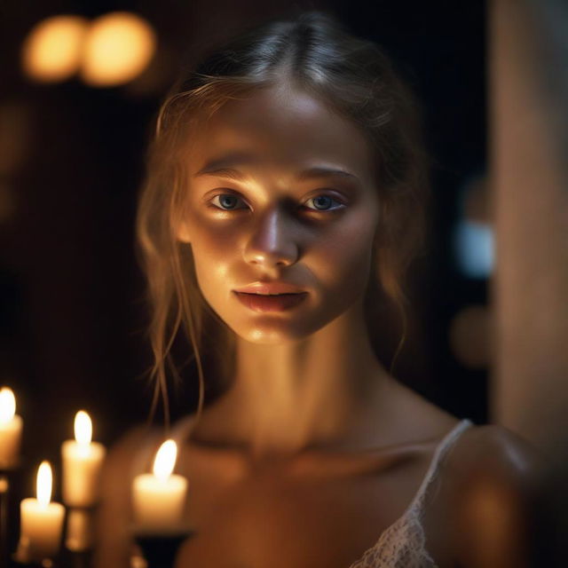 Create an image of an 18-year-old Russian girl resembling Ana Selezneva, dancing in a humid, wet dark room with warm backlit night ambiance and warm lighting