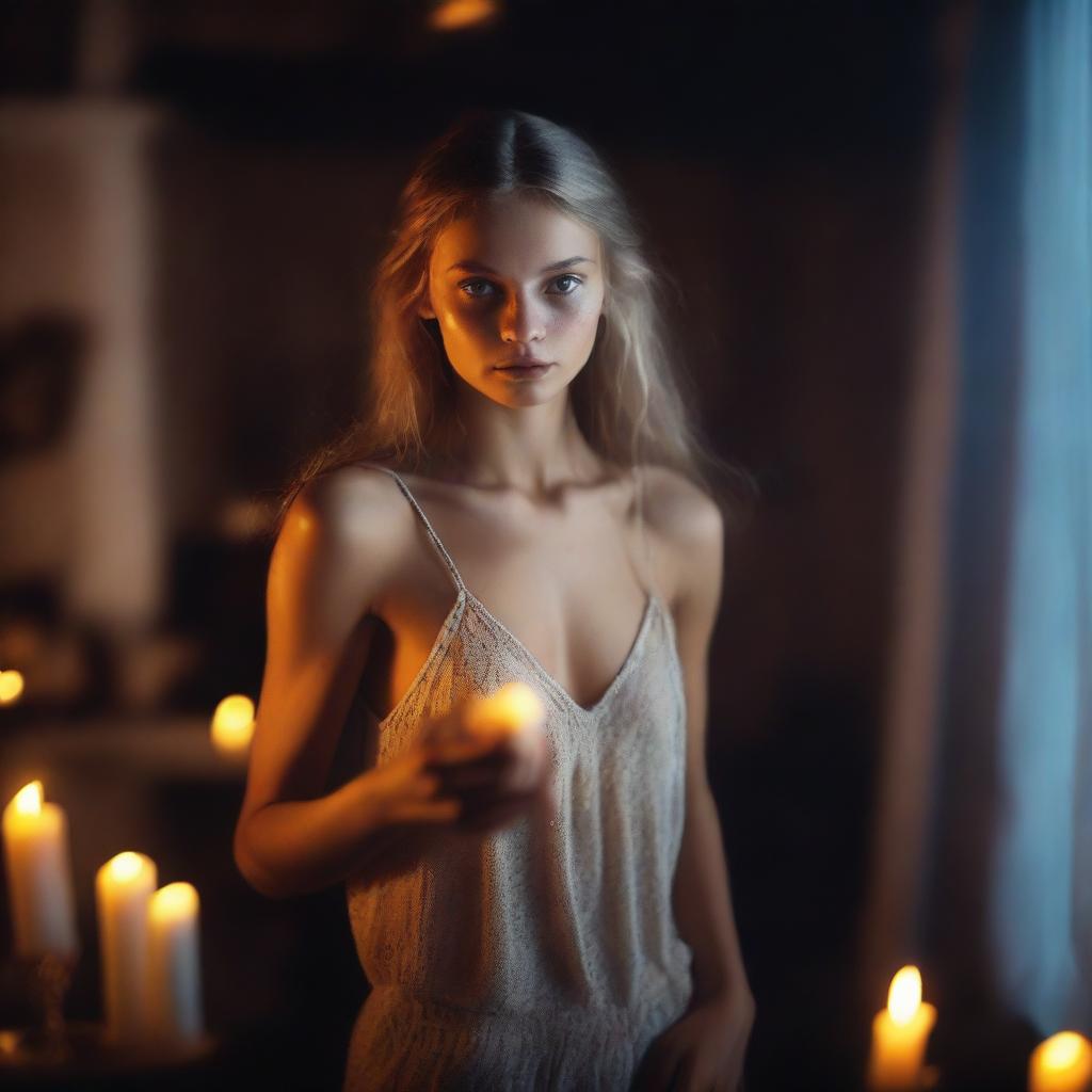 Create an image of an 18-year-old Russian girl resembling Ana Selezneva, dancing in a humid, wet dark room with warm backlit night ambiance and warm lighting