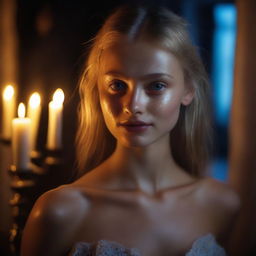 Create an image of an 18-year-old Russian girl resembling Ana Selezneva, dancing in a humid, wet dark room with warm backlit night ambiance and warm lighting