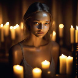 Create an image of an 18-year-old Russian girl resembling Ana Selezneva, dancing in a humid, wet dark room with warm backlit night ambiance and warm lighting