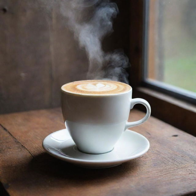 A steaming mug of flat white coffee, frothy milk cascading over the brim, on a rustic wooden table