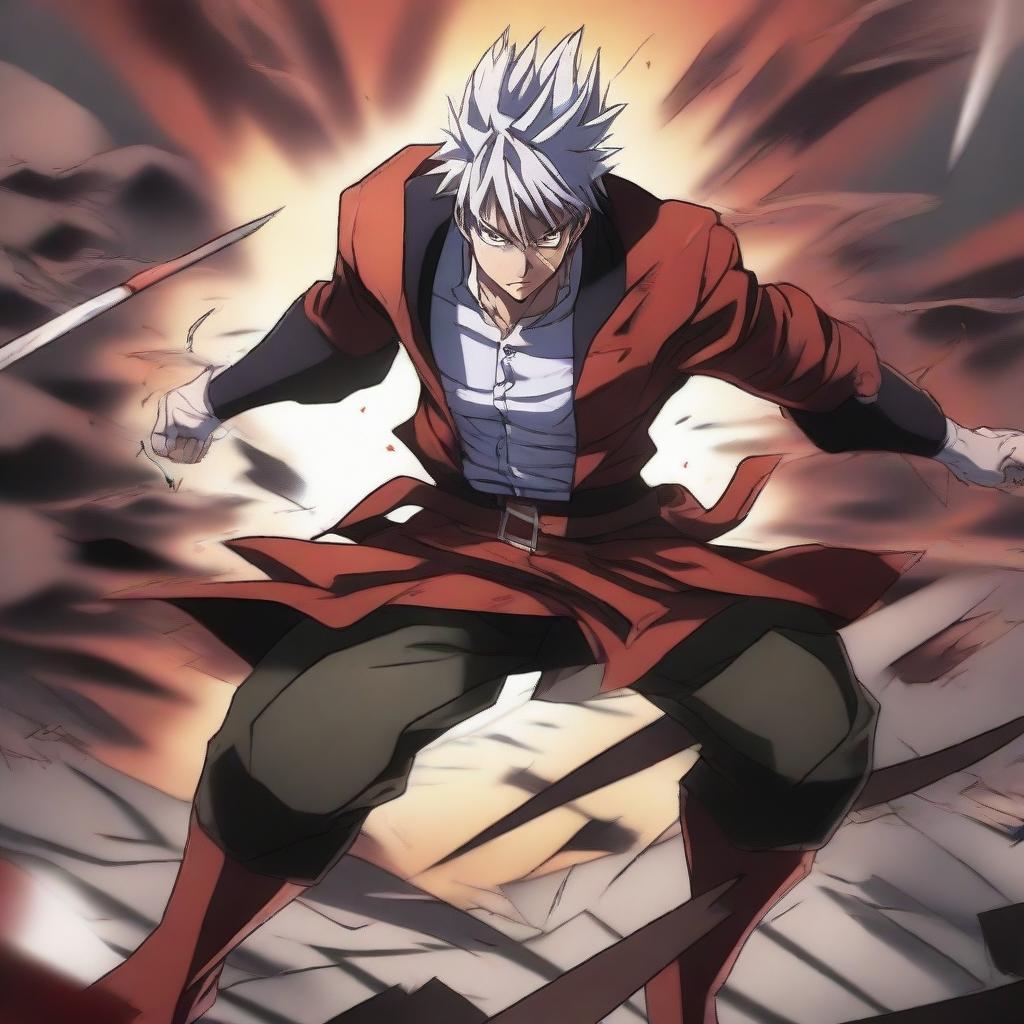 An intense anime scene featuring a male character in the midst of an epic battle, with his hand severed during the fight