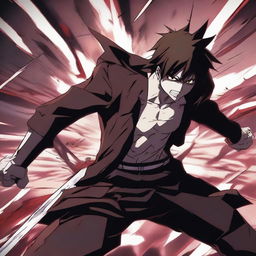 An intense anime scene featuring a male character in the midst of an epic battle, with his hand severed during the fight