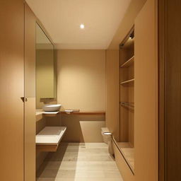 An aesthetically pleasing, contemporary washroom furnished with a vanity-styled washbasin and a functional closet seamlessly integrated within the layout.