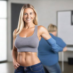 Create an image of an attractive 35-year-old Australian woman with straight blonde hair, standing as a private tutor during a lesson