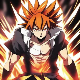 An anime boy in rage mode, with intense, fiery eyes and an aura of energy radiating from his body