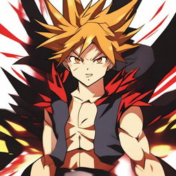 An anime boy in rage mode, with intense, fiery eyes and an aura of energy radiating from his body