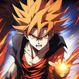 An anime boy in rage mode, with intense, fiery eyes and an aura of energy radiating from his body