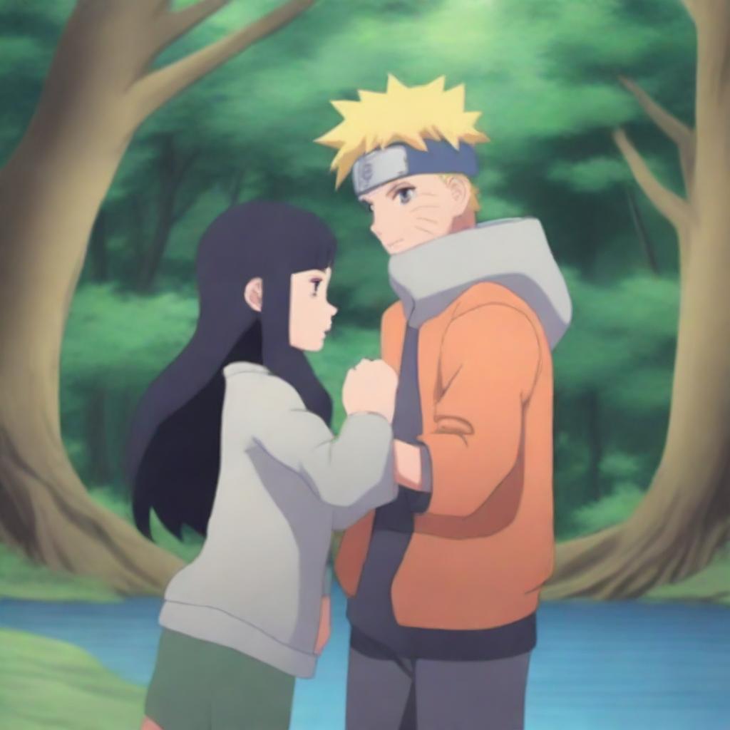 A detailed and heartwarming scene featuring Naruto Uzumaki and Hinata Hyuuga from the Naruto series