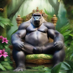 A majestic gorilla wearing a royal crown, sitting on a throne in a lush jungle setting