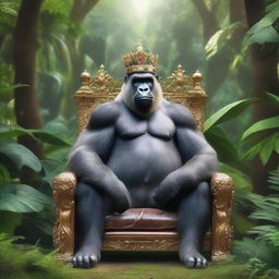 A majestic gorilla wearing a royal crown, sitting on a throne in a lush jungle setting