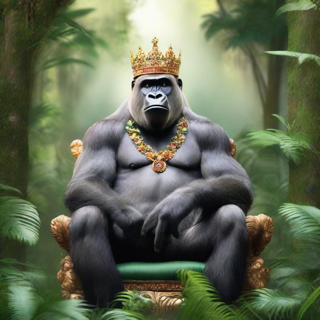 A majestic gorilla wearing a royal crown, sitting on a throne in a lush jungle setting