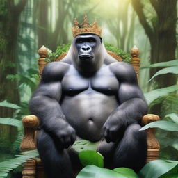 A majestic gorilla wearing a royal crown, sitting on a throne in a lush jungle setting