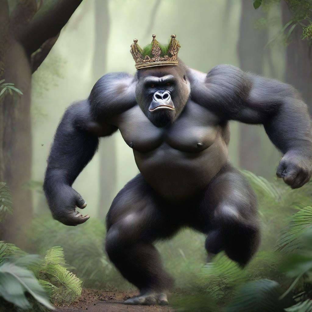 An angry silverback gorilla wearing a royal crown running through a dense jungle