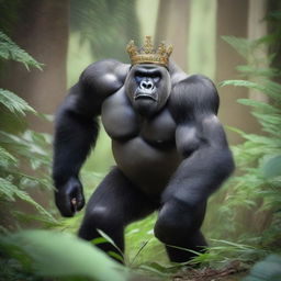 An angry silverback gorilla wearing a royal crown running through a dense jungle