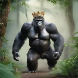 An angry silverback gorilla wearing a royal crown running through a dense jungle