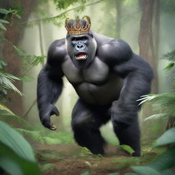 An angry silverback gorilla wearing a royal crown running through a dense jungle