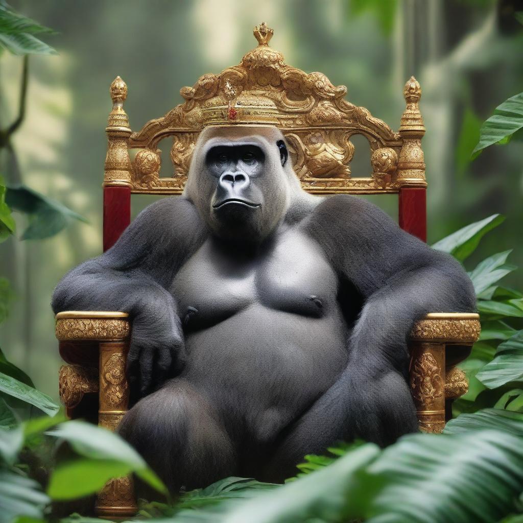 A majestic silverback gorilla is sitting on a royal throne in the middle of a lush jungle