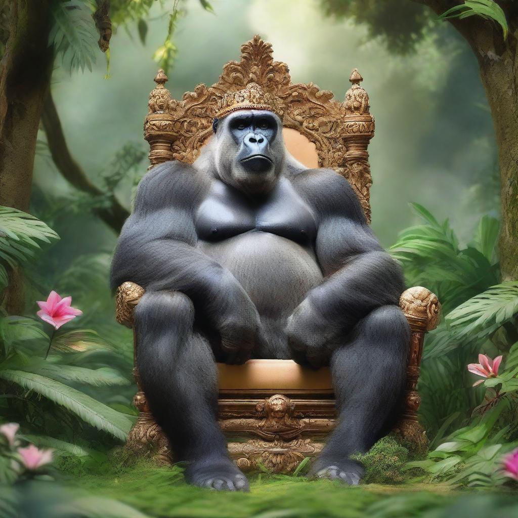 A majestic silverback gorilla is sitting on a royal throne in the middle of a lush jungle