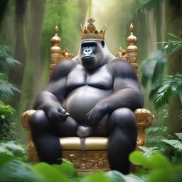 A majestic silverback gorilla is sitting on a royal throne in the middle of a lush jungle