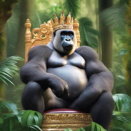 A majestic silverback gorilla is sitting on a royal throne in the middle of a lush jungle