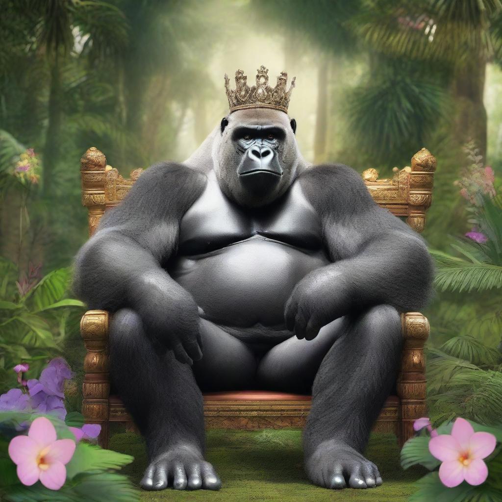 A majestic silverback gorilla sitting on a throne in the middle of a lush jungle