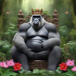 A majestic silverback gorilla sitting on a throne in the middle of a lush jungle