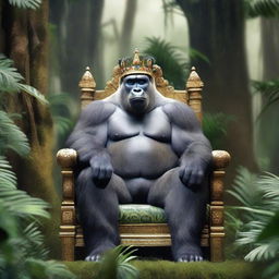 A majestic silverback gorilla sitting on a throne in the middle of a lush jungle