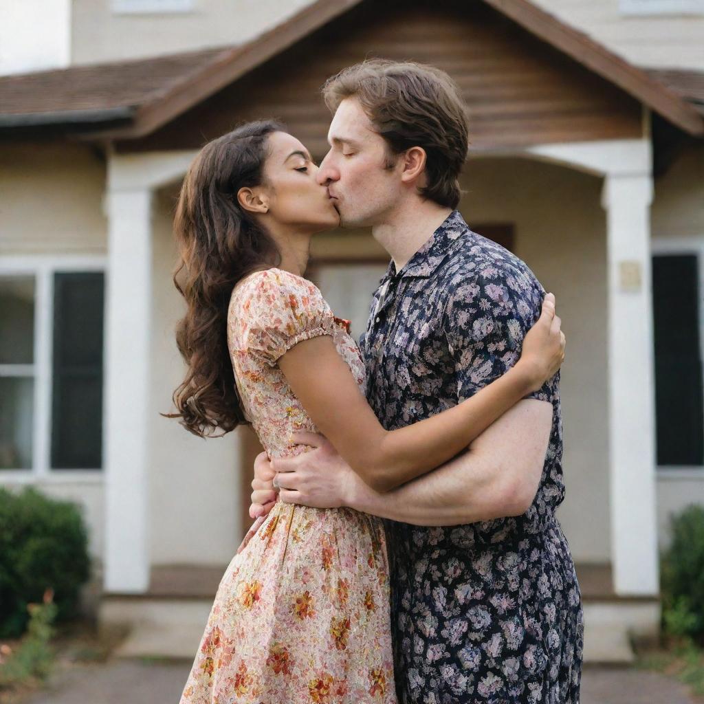 A young girl with vitiligo, brown hair, a floral dress and a sun-shaped ring, kissing a handsome, tall man with a prosthetic left arm, in front of an old house.