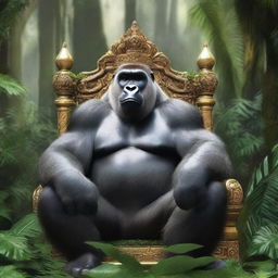 A majestic silverback gorilla sitting on a throne in the middle of a lush jungle