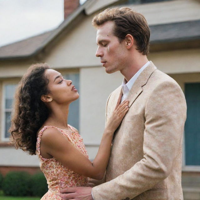 A young girl with vitiligo, brown hair, a floral dress and a sun-shaped ring, kissing a handsome, tall man with a prosthetic left arm, in front of an old house.