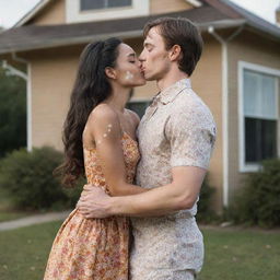 A young girl with vitiligo, brown hair, a floral dress and a sun-shaped ring, kissing a handsome, tall man with a prosthetic left arm, in front of an old house.