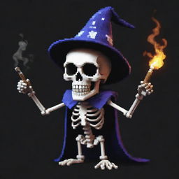 A pixelated skeleton wearing a wizard hat, with a pixel cigar in its mouth, stargazing and emitting swirling pixel smoke. The skeleton displays a mischievous grin, creating an intriguing and unique pixel art character with a cool demeanor.