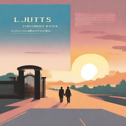 A design featuring a road leading to a school gate with a sunset sky in the background