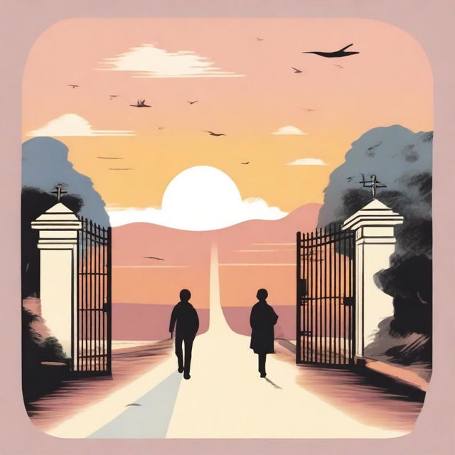 A design featuring a road leading to a school gate with a sunset sky in the background