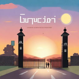 A design featuring a road leading to a school gate with a sunset sky in the background