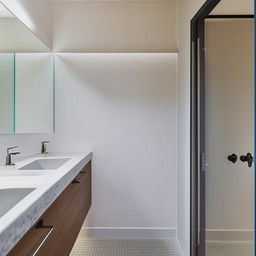 An aesthetically pleasing, contemporary washroom furnished with a vanity-styled washbasin and a functional closet seamlessly integrated within the layout.