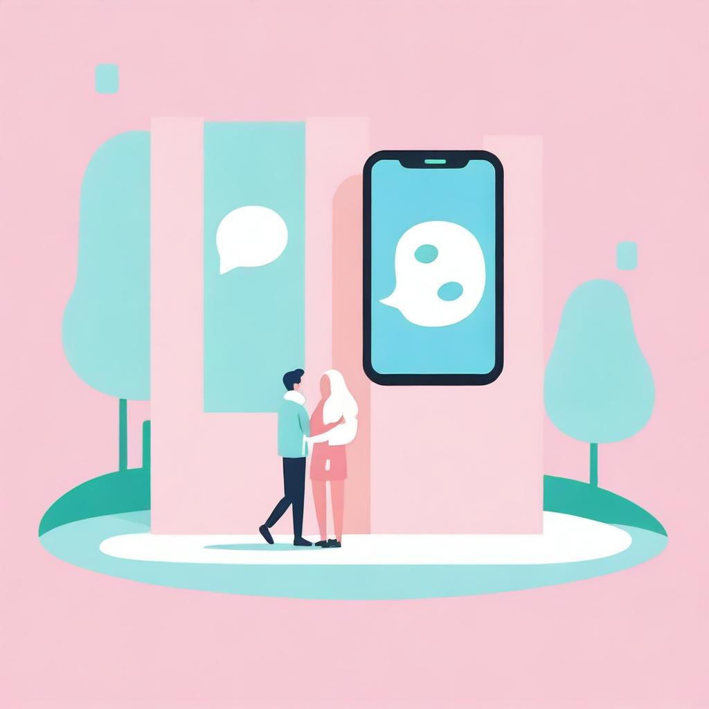 Create a minimalist design with a pastel background featuring a small image of a mobile phone displaying a chat bubble