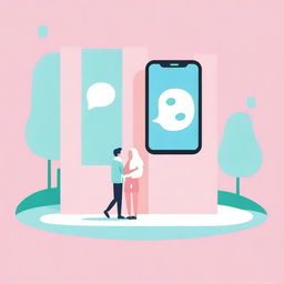 Create a minimalist design with a pastel background featuring a small image of a mobile phone displaying a chat bubble