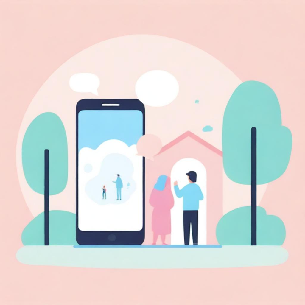 Create a minimalist design with a pastel background featuring a small image of a mobile phone displaying a chat bubble