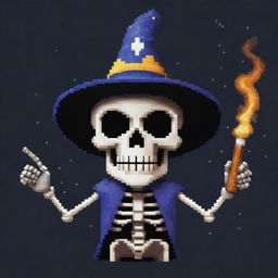 A pixelated skeleton wearing a wizard hat, with a pixel cigar in its mouth, stargazing and emitting swirling pixel smoke. The skeleton displays a mischievous grin, creating an intriguing and unique pixel art character with a cool demeanor.