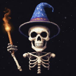 A pixelated skeleton wearing a wizard hat, with a pixel cigar in its mouth, stargazing and emitting swirling pixel smoke. The skeleton displays a mischievous grin, creating an intriguing and unique pixel art character with a cool demeanor.