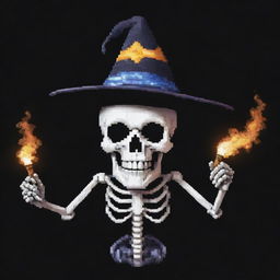 A pixelated skeleton wearing a wizard hat, with a pixel cigar in its mouth, stargazing and emitting swirling pixel smoke. The skeleton displays a mischievous grin, creating an intriguing and unique pixel art character with a cool demeanor.