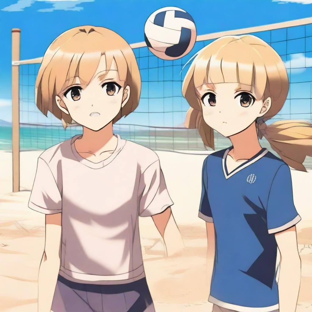 A boy and a girl playing volleyball in an anime style