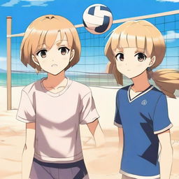 A boy and a girl playing volleyball in an anime style