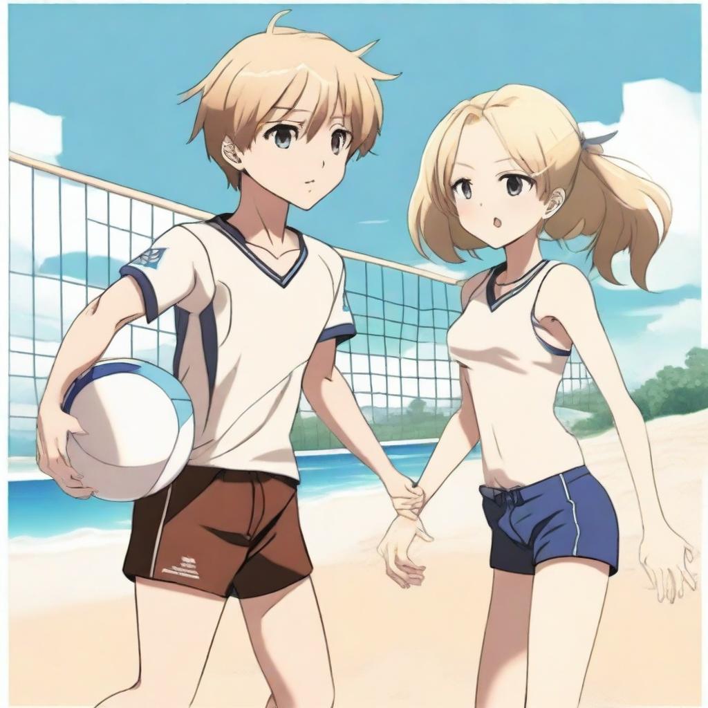 A boy and a girl playing volleyball in an anime style