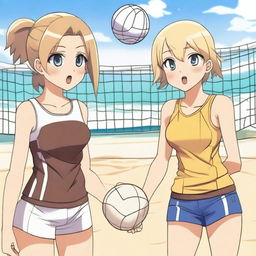 A boy and a girl playing volleyball in an anime style