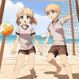 A boy and a girl playing volleyball in an anime style