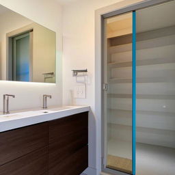 An aesthetically pleasing, contemporary washroom furnished with a vanity-styled washbasin and a functional closet seamlessly integrated within the layout.